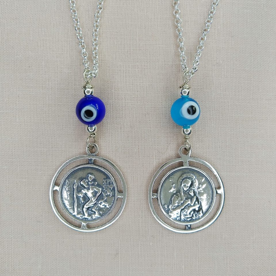 MITROPOULOS Φυλαχτό Αυτοκινήτου Ασήμι (925°) Διπλής Όψεως Άγιος Χριστόφορος-Παναγία & Μάτι με Αλυσίδα FI161